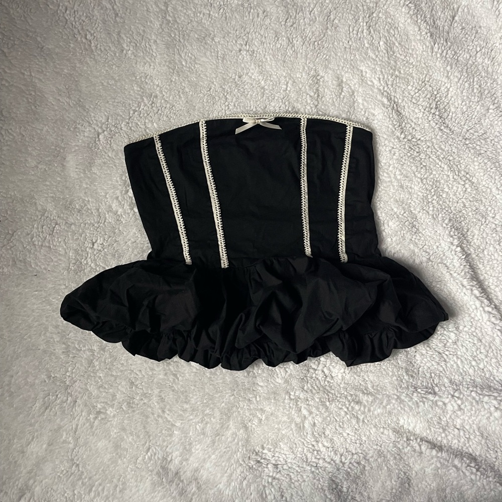 Strapless Black Ruffled Peplum Top with Contrast Trim